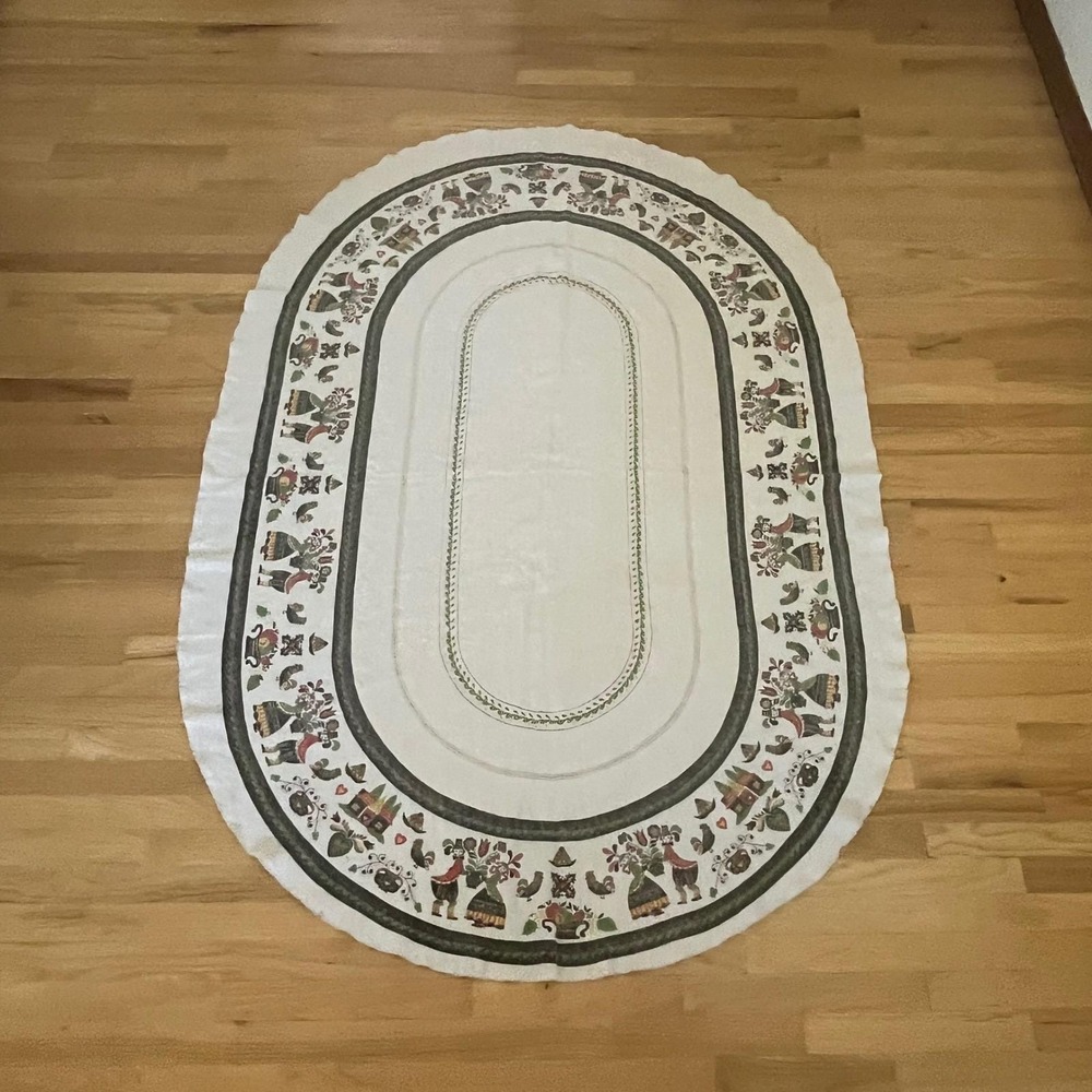 Vintage PA Dutch Folk Art Tablecloth 74x53 Oval Mid Century Linen Distelfink